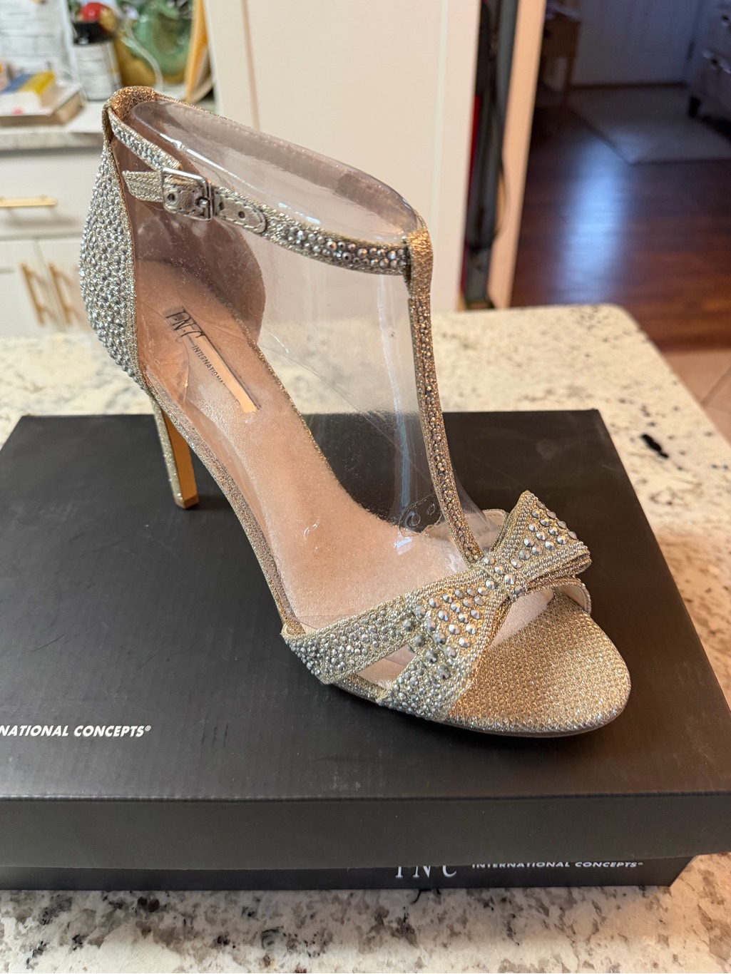 Inc International Concepts Champagne T-Strap Bow Rhinestone Heel